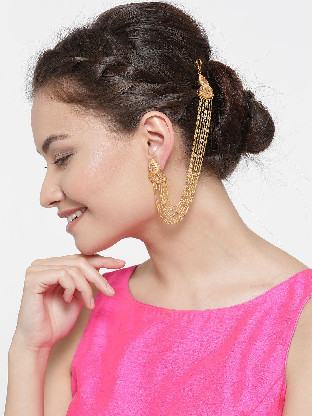 YouBella Gold-Toned  Off-White Teardrop Shaped Studs with Ear Chains
